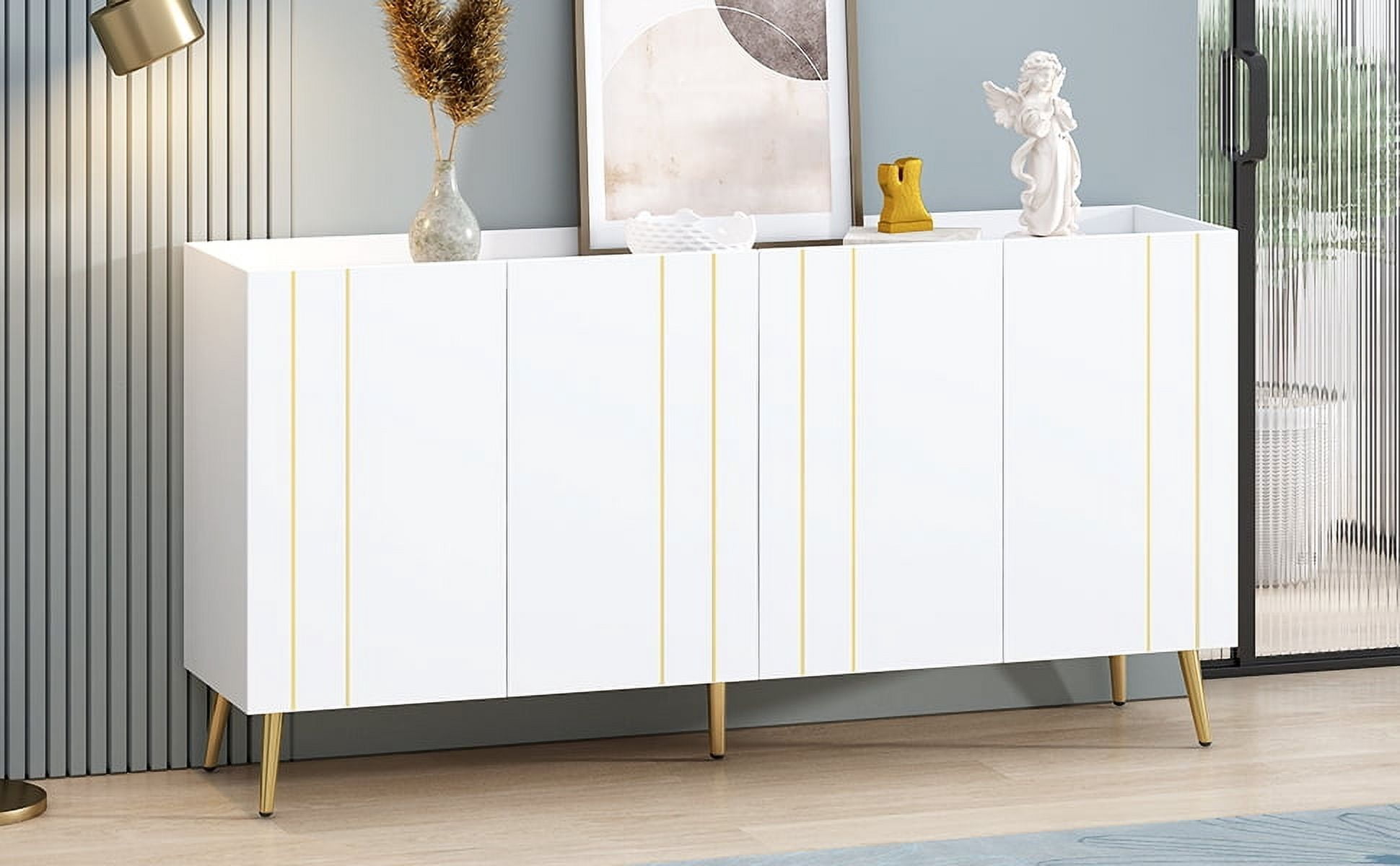 MAYEERTY Luxurious Shoe Cabinet with 5 Metal Legs, Modern TV Stand with 4 Adjustable Shelves for TVs Up to 70", Minimalist Sideboard Cabinet with Gold Lines Doors for Living Room,62.9"x 31.4",White