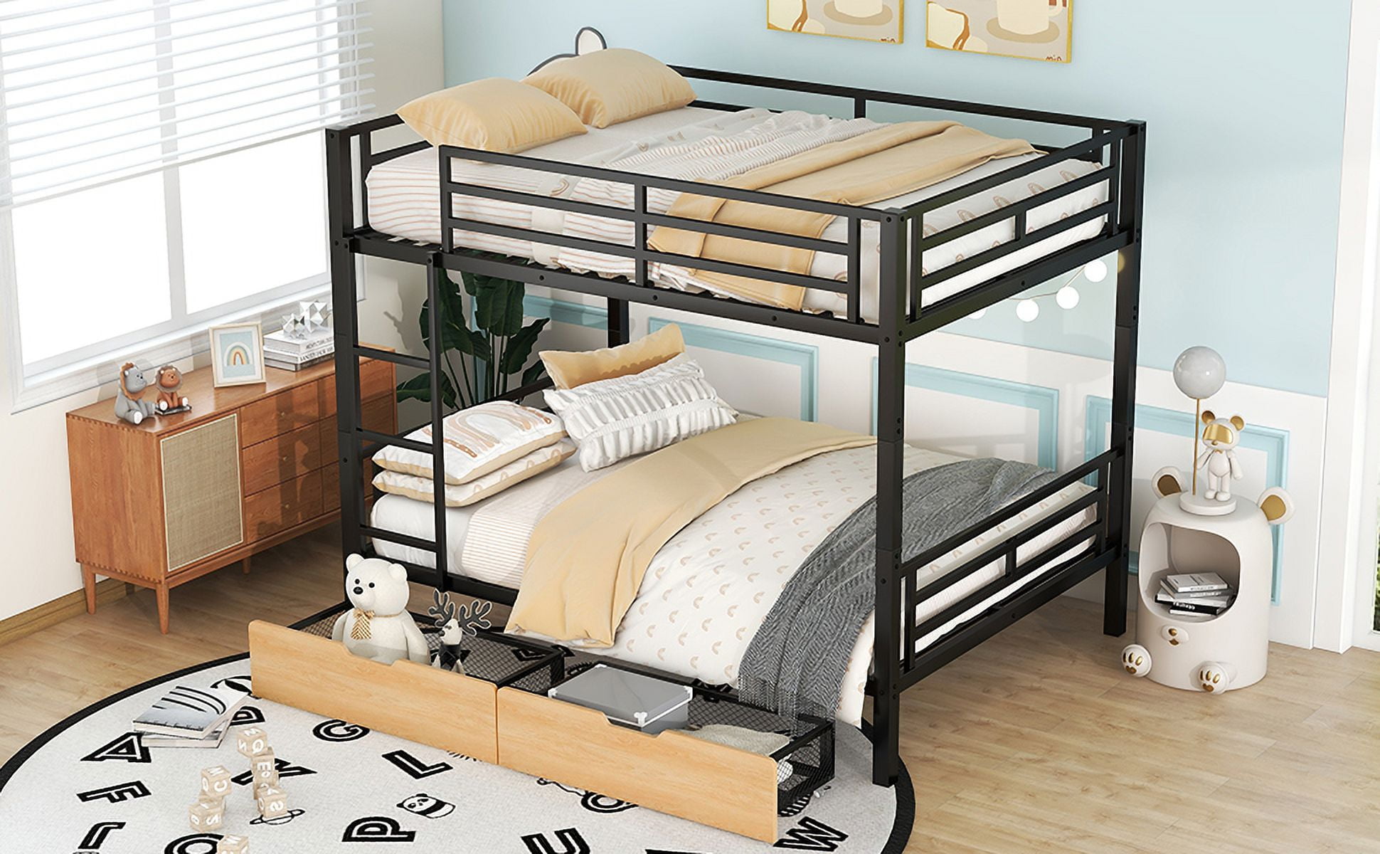 Dovelina Metal Full Size Convertible Bunk Bed with 2 Drawers, Black