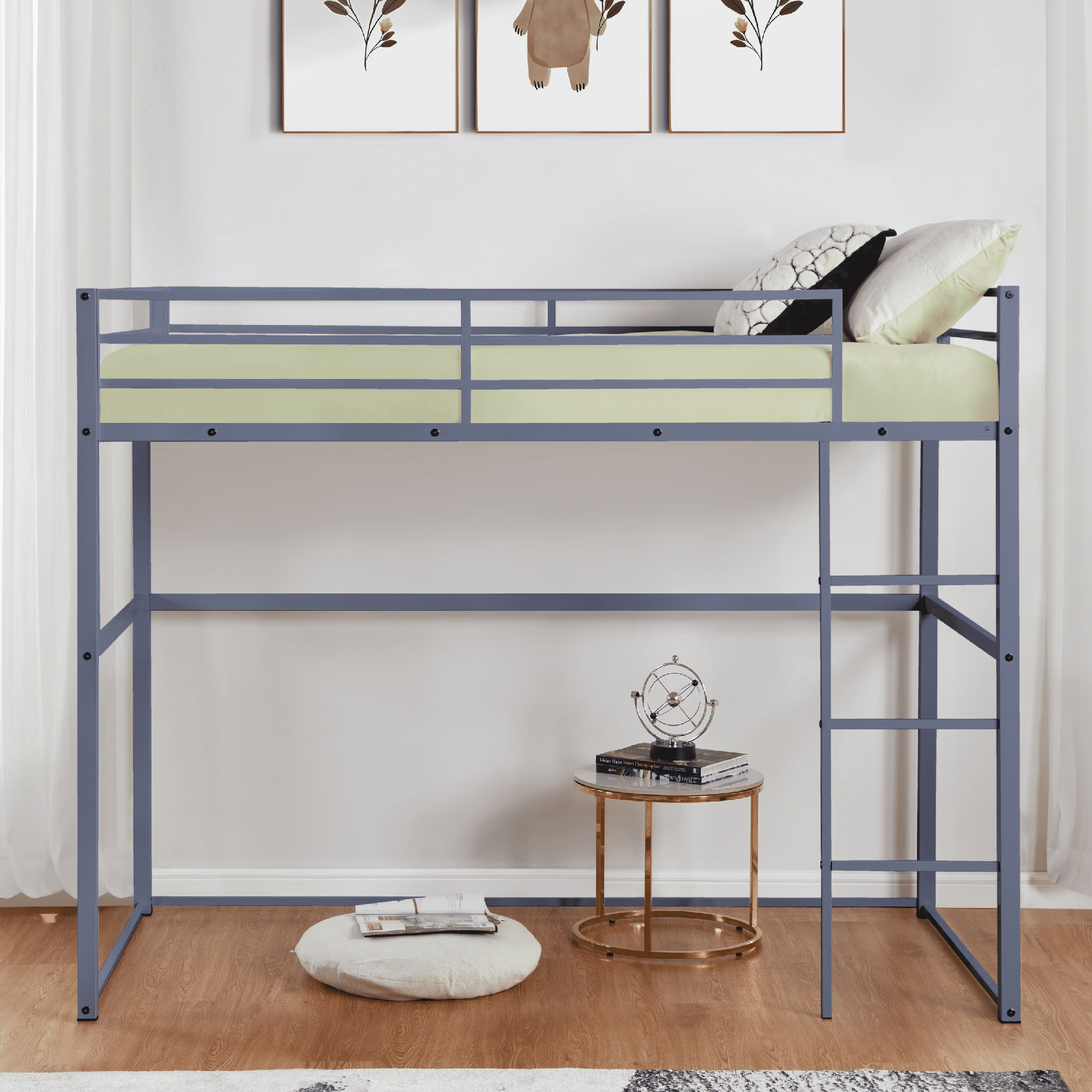 MAYEERTY Metal Full Size Loft Bed, Loft Bed Frame with Safety Guard Rails & Flat Ladder, for Kids Teens Adults, Gray