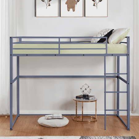 MAYEERTY Metal Full Size Loft Bed, Loft Bed Frame with Safety Guard Rails & Flat Ladder, for Kids Teens Adults, Gray