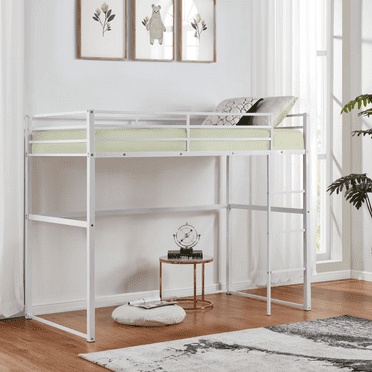 MAYEERTY Metal Full Size Loft Bed, Loft Bed Frame with Safety Guard Rails & Flat Ladder, for Kids Teens Adults, White