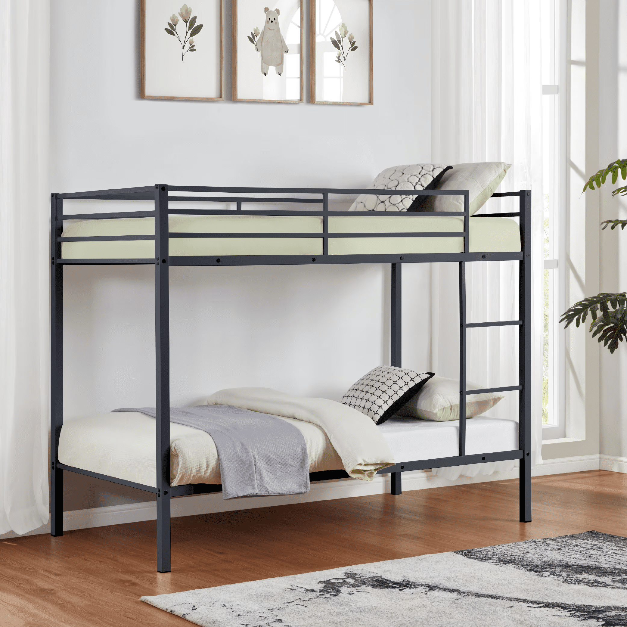 MAYEERTY Twin Size Metal Bunk Bed, Low Profile Bed Frame with Built-in Ladder, High Guardrail, Space-Saving for Kids, No Box Spring Required, Black