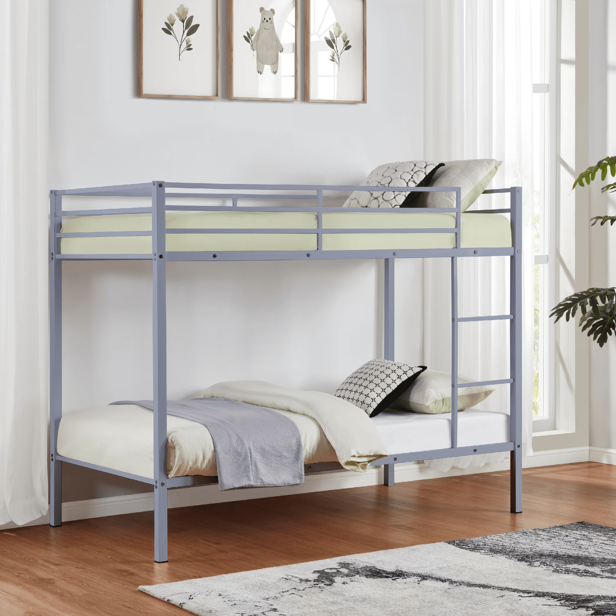 MAYEERTY Twin Size Metal Bunk Bed, Low Profile Bed Frame with Built-in Ladder, High Guardrail, Space-Saving for Kids, No Box Spring Required, Gray