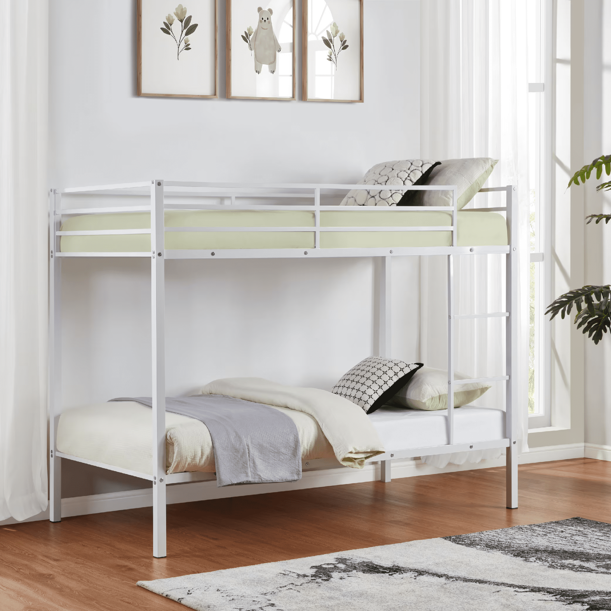 MAYEERTY Twin Size Metal Bunk Bed, Low Profile Bed Frame with Built-in Ladder, High Guardrail, Space-Saving for Kids, No Box Spring Required, White