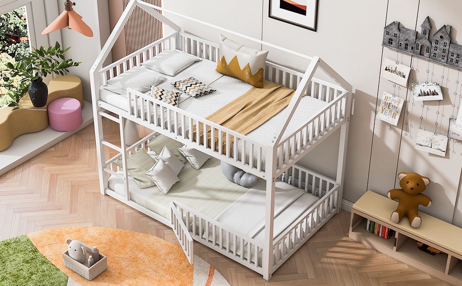 MAYEERTY Metal Twin over Twin House Bunk Bed with Fence and Door, White