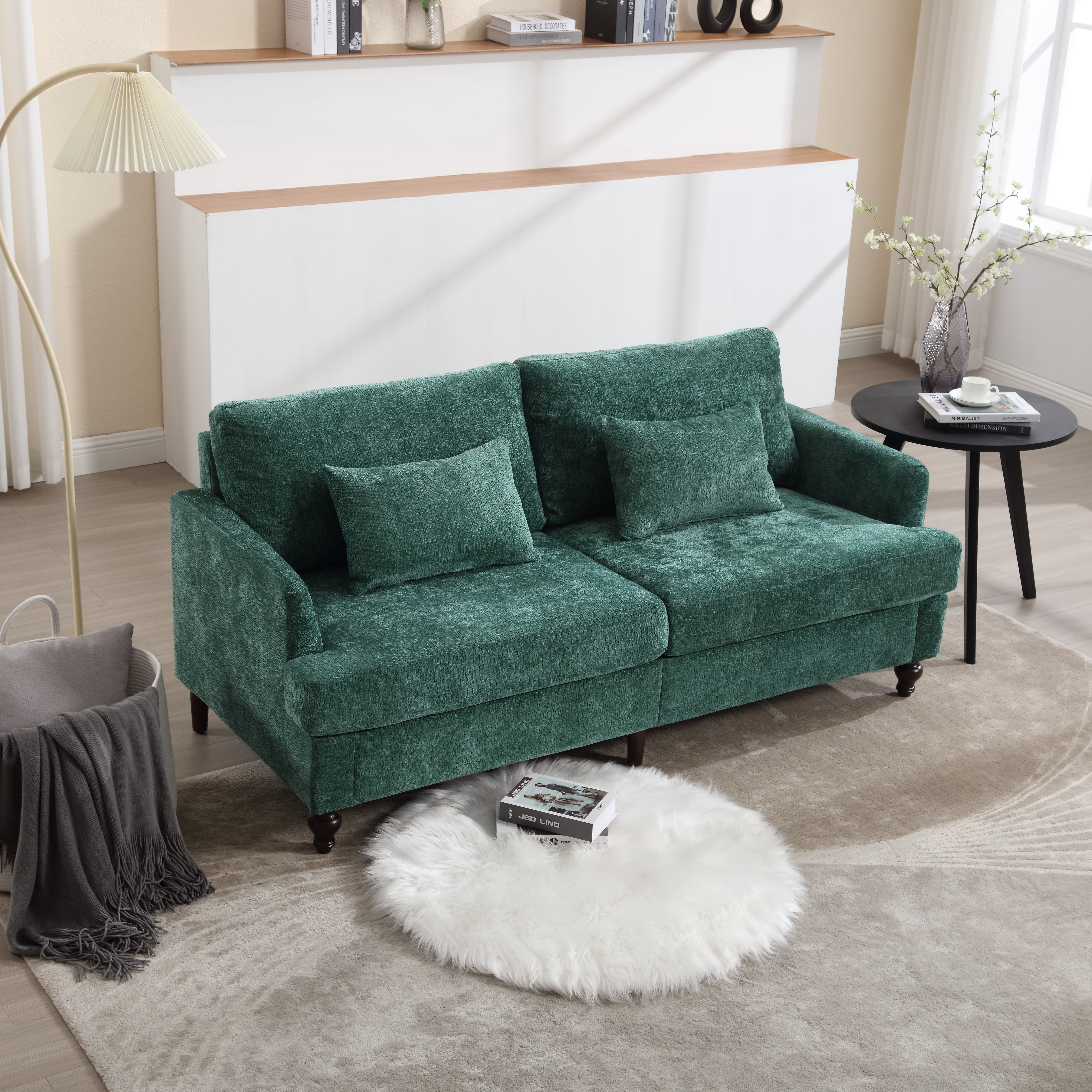 MAYEERTY Mid Century Modern chenille Fabric Loveseat sofa, 2-Seat Upholstered Loveseat Sofa Modern Couch for Living Room,Brown wood feet sofa for Bedroom, Reading (Emerald Chenille)