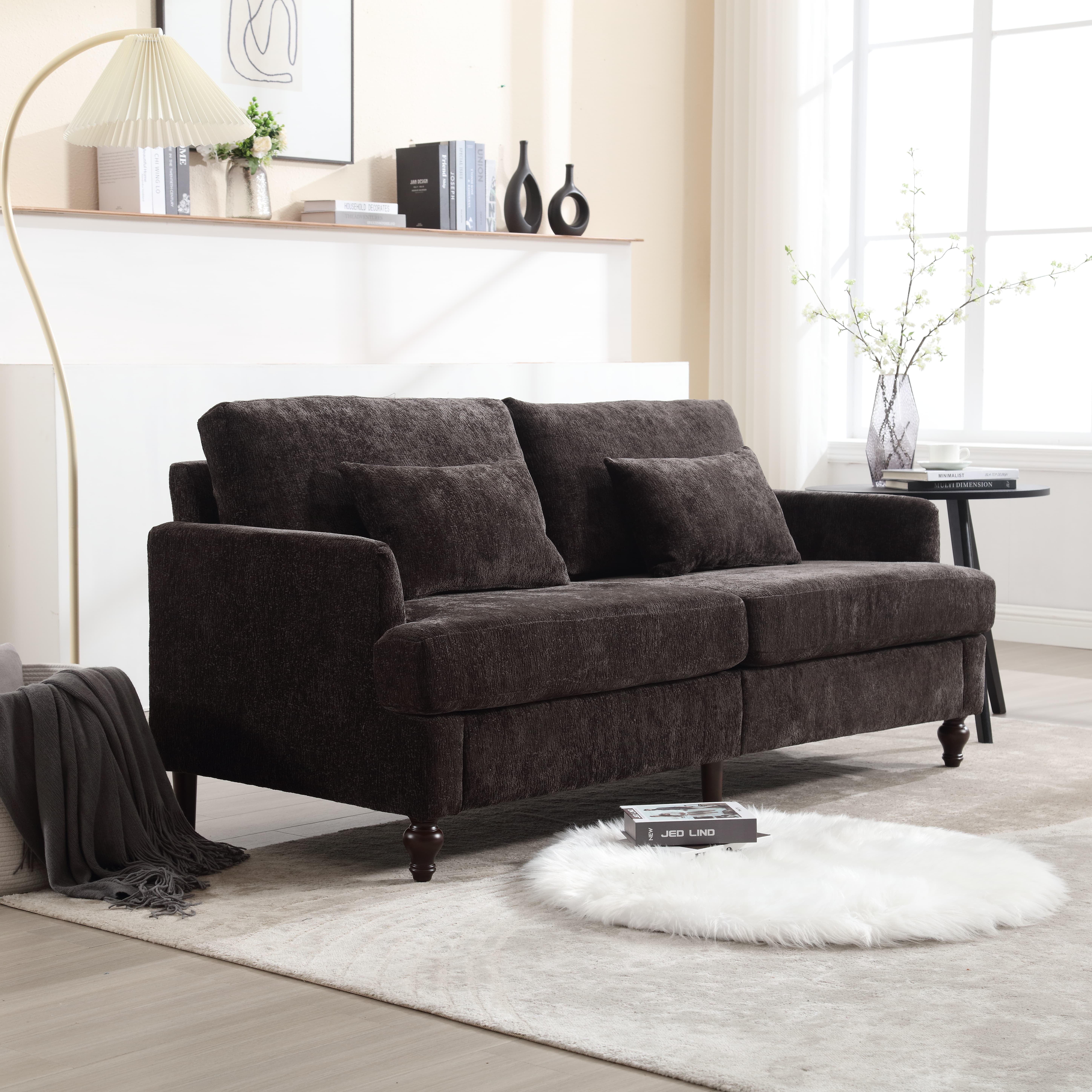 MAYEERTY Mid Century Modern chenille Fabric Loveseat sofa, 2-Seat Upholstered Loveseat Sofa Modern Couch for Living Room,Brown wood feet sofa for Bedroom, Reading (Black Chenille)