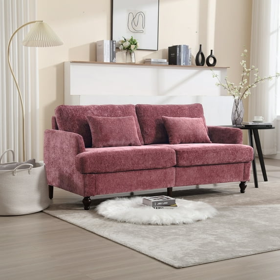 MAYEERTY Mid Century Modern chenille Fabric Loveseat sofa, 2-Seat Upholstered Loveseat Sofa Modern Couch for Living Room,Brown wood feet sofa for Bedroom, Reading (Wine red Chenille)
