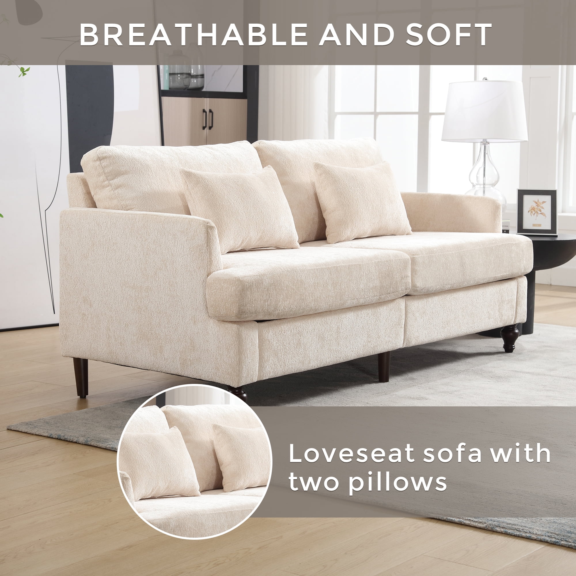 MAYEERTY Mid Century Modern chenille Fabric Loveseat sofa, 2-Seat Upholstered Loveseat Sofa Modern Couch for Living Room,Brown wood feet sofa for Bedroom, Reading (Beige Chenille)