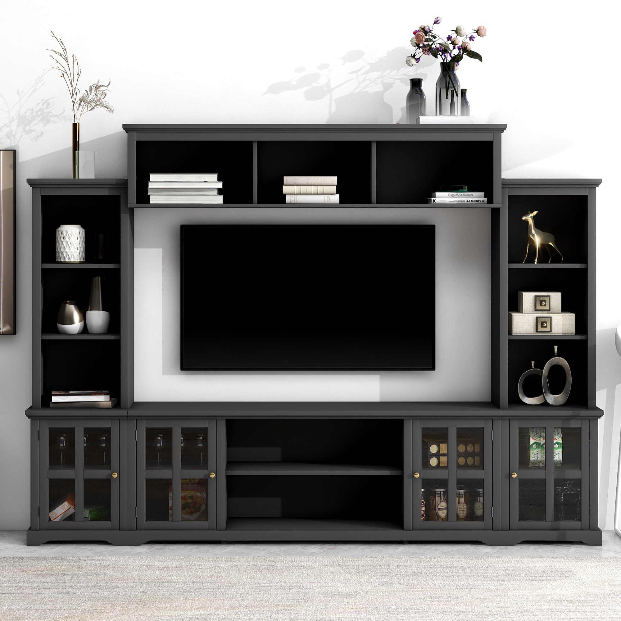 MAYEERTY Minimalism Entertainment Wall Unit with Bridge, Modern TV Console Table for TVs Up to 70", Black