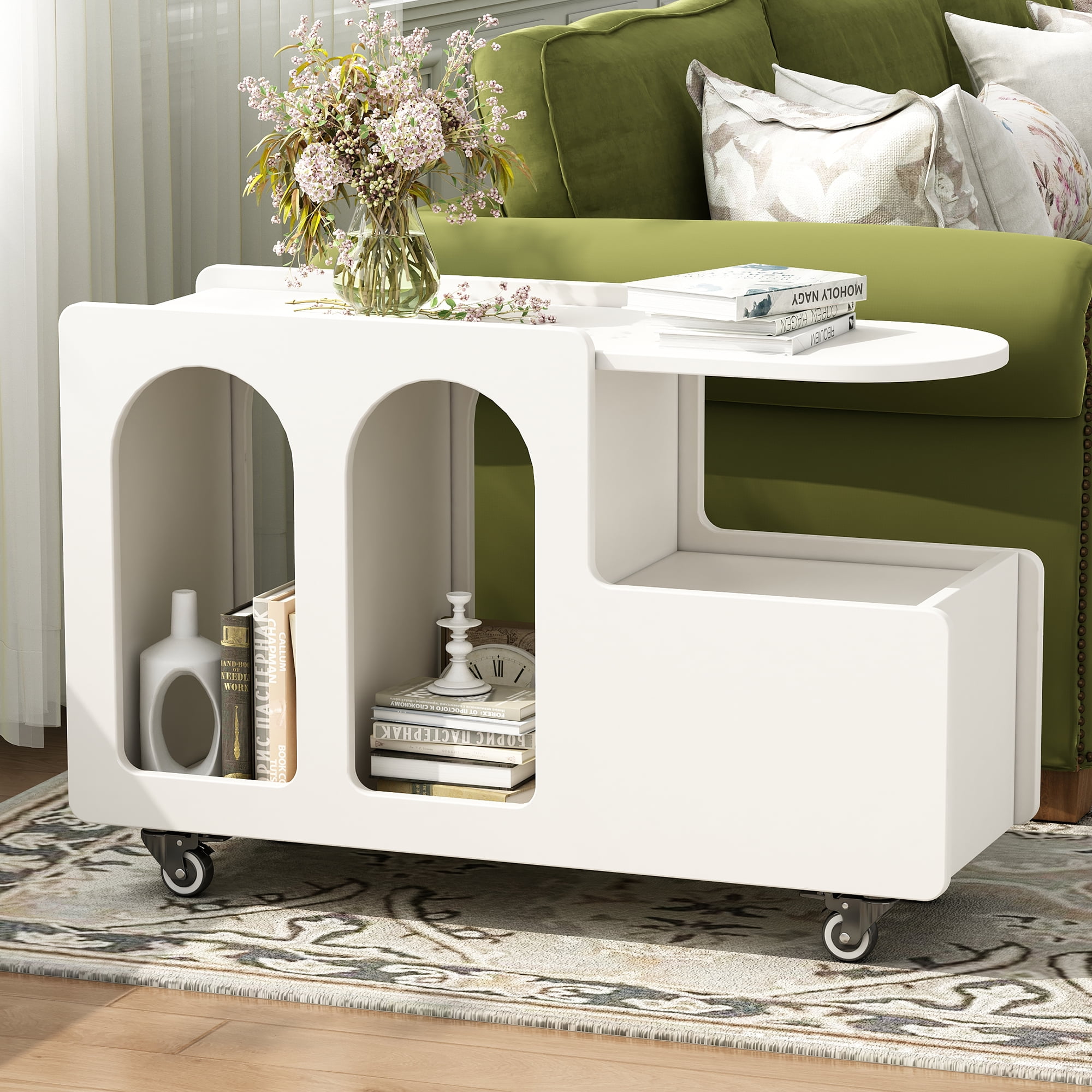 MAYEERTY Mobile End Table with Lockable wheels, Side Table, Narrow Nightstand with Multi-layer Storage, White