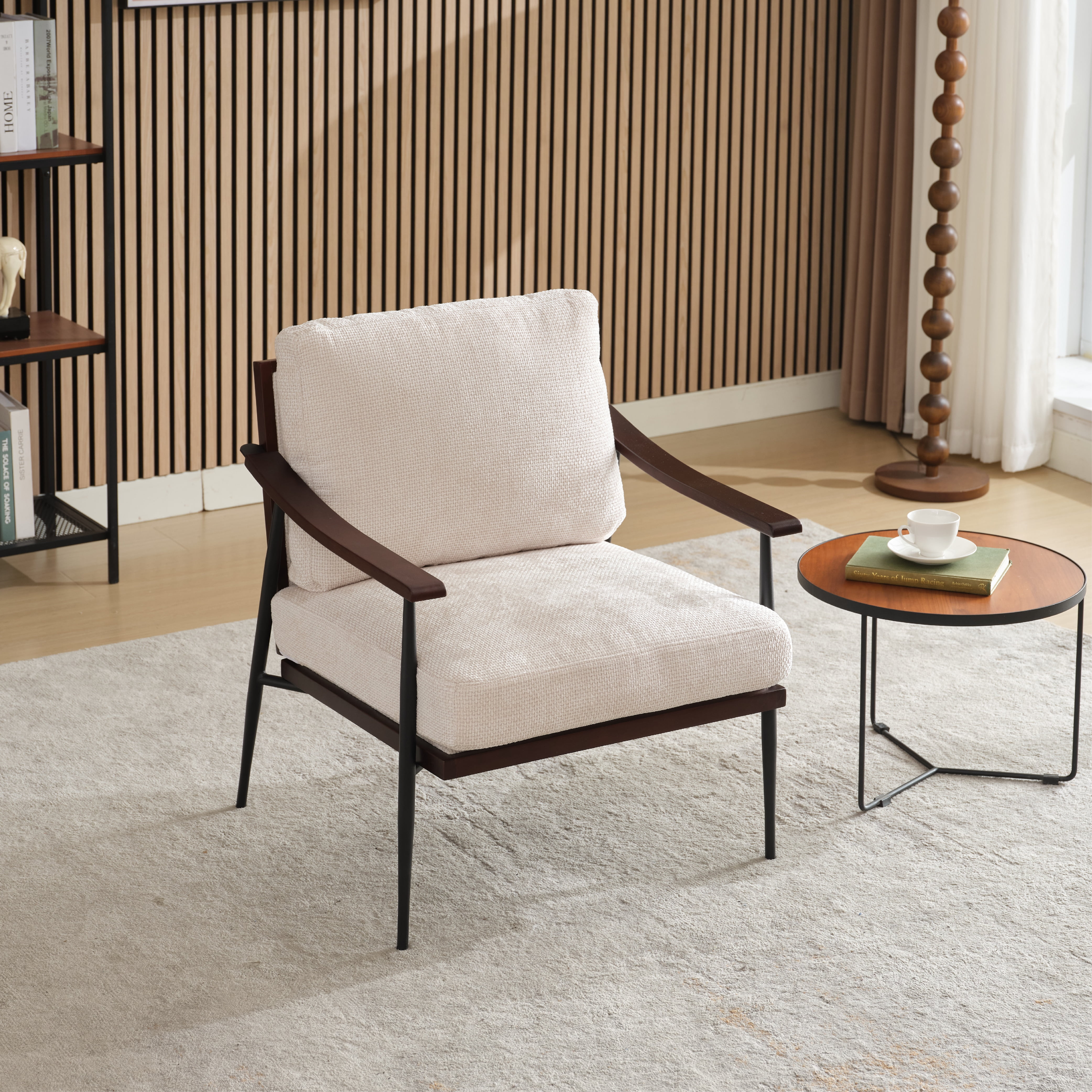 MAYEERTY Modern Accent Chair, Linen Fabric Arm Chair with Wood Armrests, White