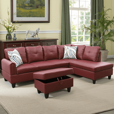MAYEERTY 97" Modern Faux Leather 3-Piece Couch Living Room Sofa Set，Ruby