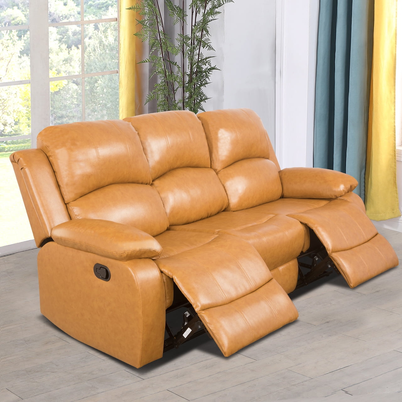 MAYEERTY 82 Inch Ginger 3-Seater Semi PU & PVC Sofa, Living Room Couch with Adjustable Backrest, Storage & Coffee Table