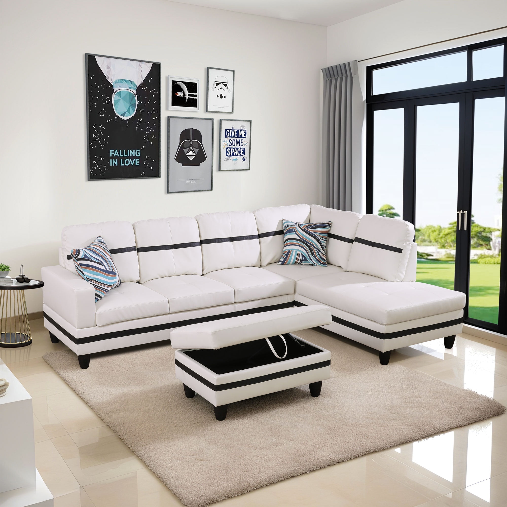 MAYEERTY 103.5" Modern Semi PU Leather 3-Piece Couch Set - White Black Stylish Contrast for Living Room