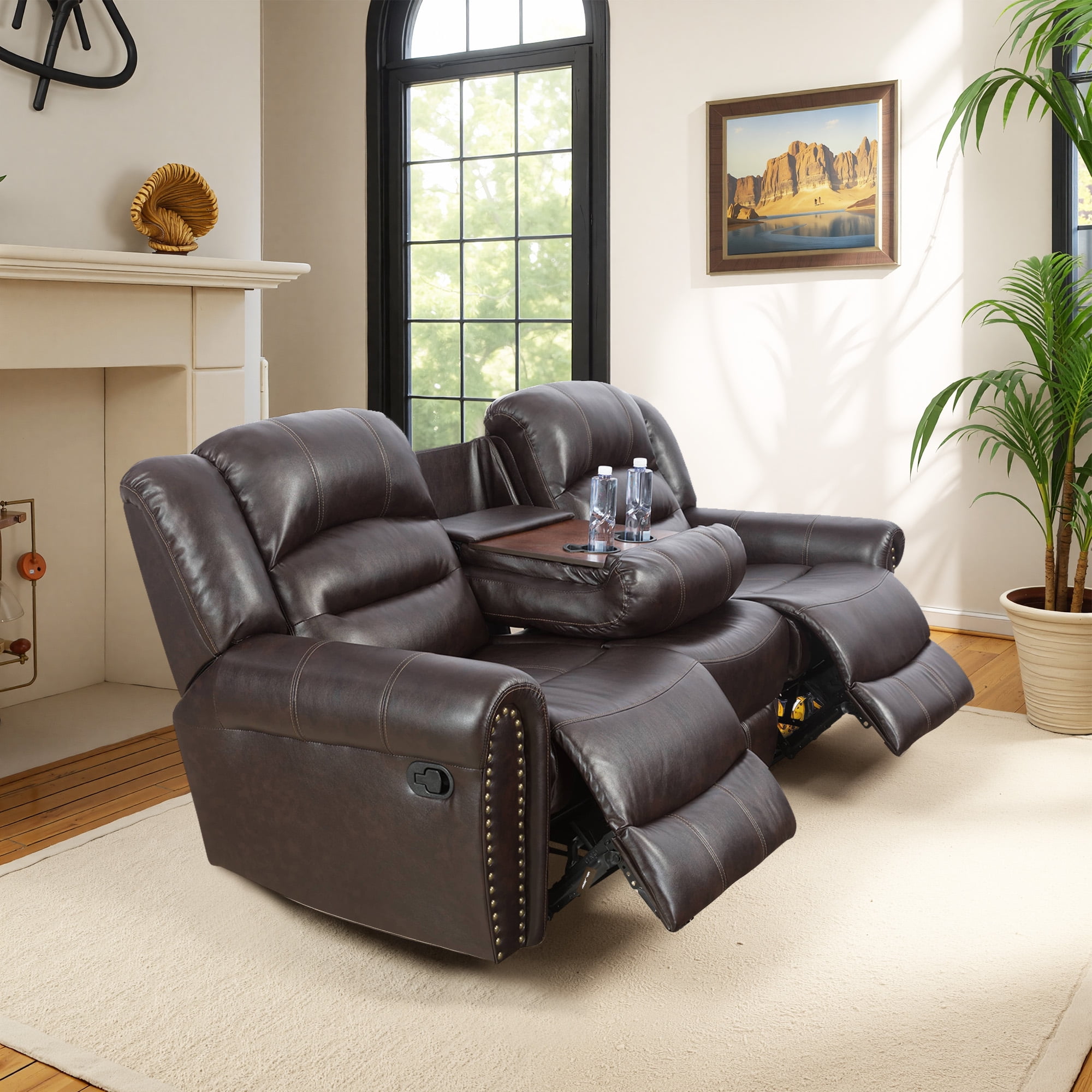 MAYEERTY 85" Modern Semi PU Synthetic Leather Loveseat Recliner Sofa Stylish Business Function Sofa for Living Room，Brown
