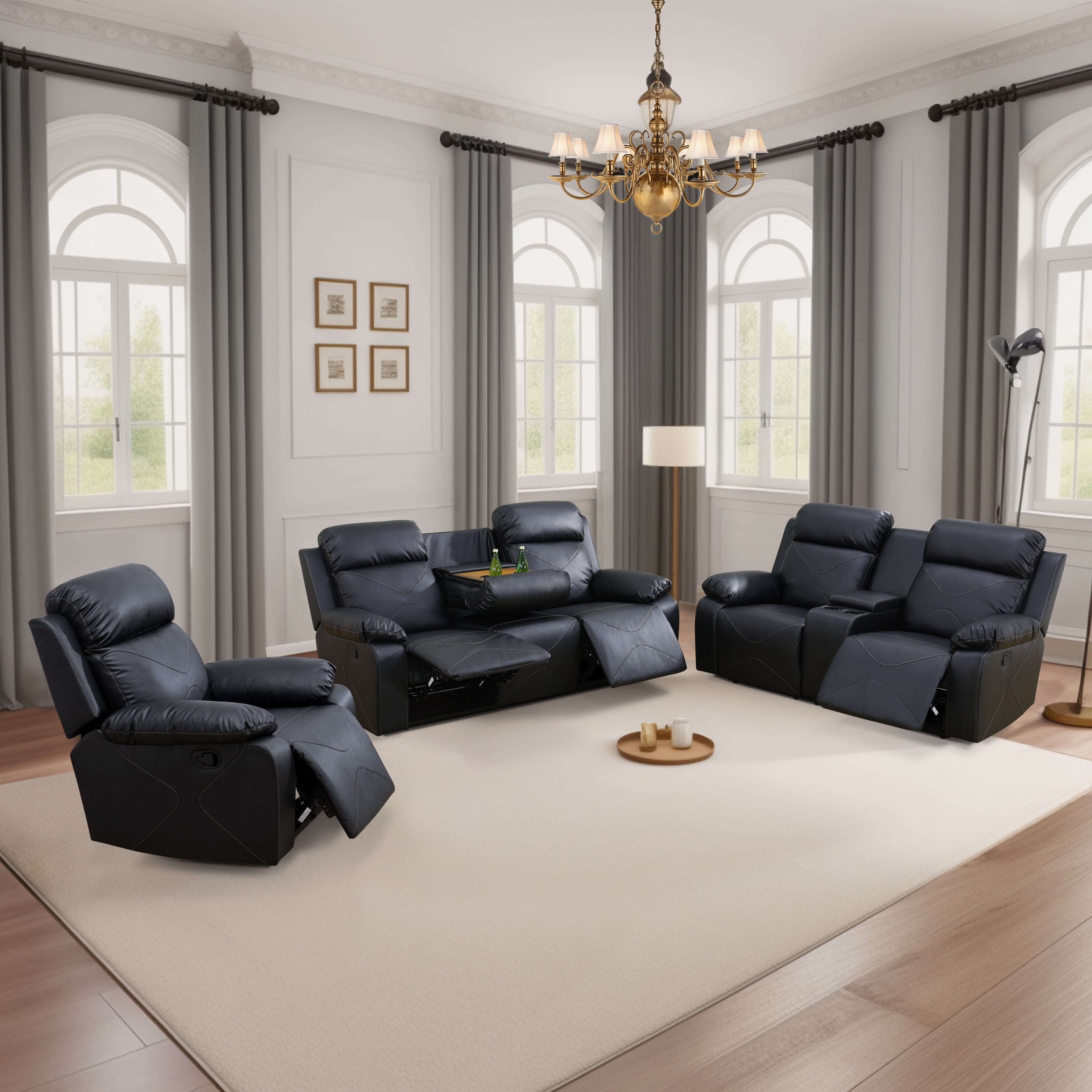 MAYEERTY Modern Breathable & Stylish Sofa Breathing Leather 3 - Piece Couch Set for Living Room，Black