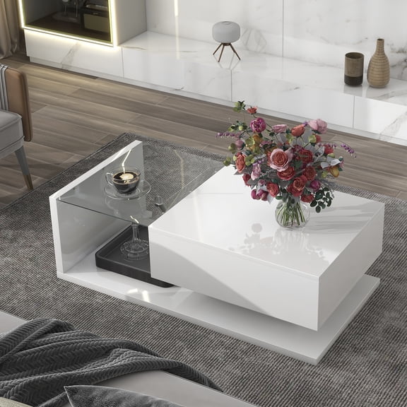MAYEERTY Modern Coffee Table with Tempered Glass, Wooden Cocktail Table with High-Gloss UV Surface, 2-Tier Rectangle Center Table for Living Room, White