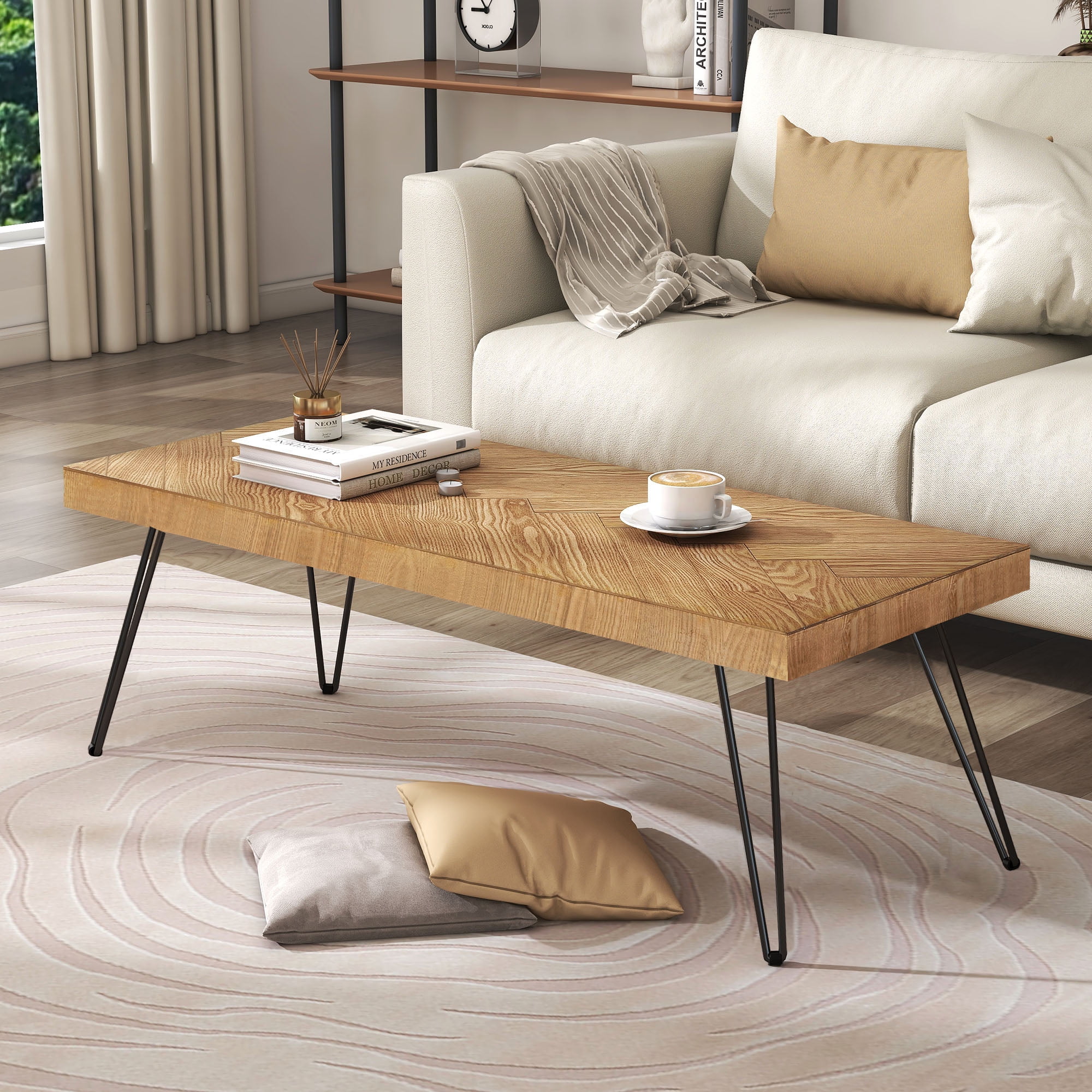 MAYEERTY Modern Coffee Table with Chevron Pattern & Metal Hairpin Legs, Easy Assembly Tea & Cocktail Table for Living Room, Ash Wood Finish
