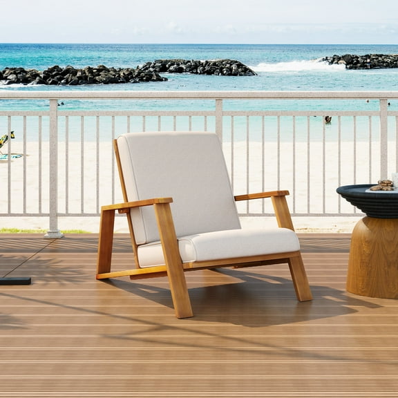 MAYEERTY Patio Lounge Chair - Teak-Acacia Wood Frame, Beige Cushion, Outdoor Club Chair