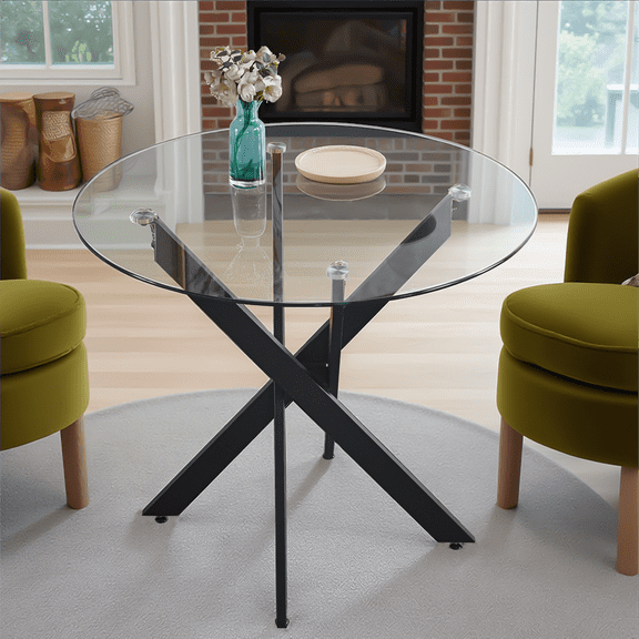 MAYEERTY Modern Black Dining Table Cross Legs Tempered Glass Top Bold Living Room