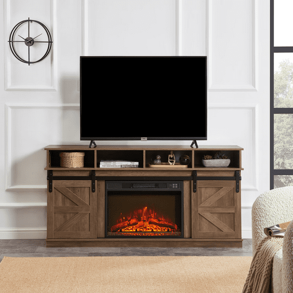 Dovelina Modern Farmhouse TV Stand with 23" Fireplace, For TVs Up to 65", Brown