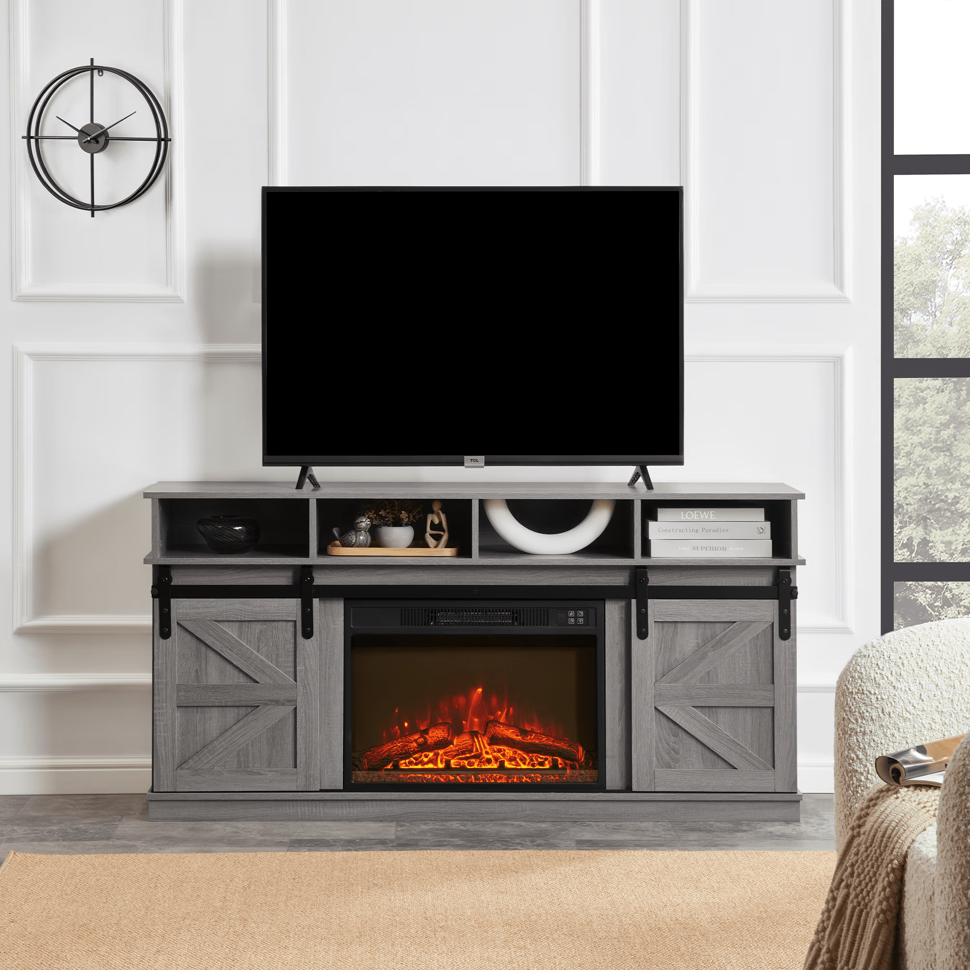 MAYEERTY Modern Farmhouse TV Stand with 23" Fireplace, For TVs Up to 65", Grey