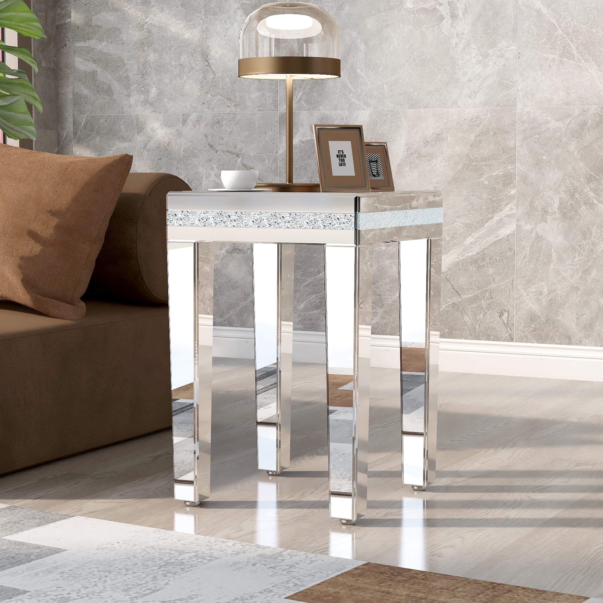 Dovelina Modern Glass Mirrored Side Table with Crystal Design, Easy ...