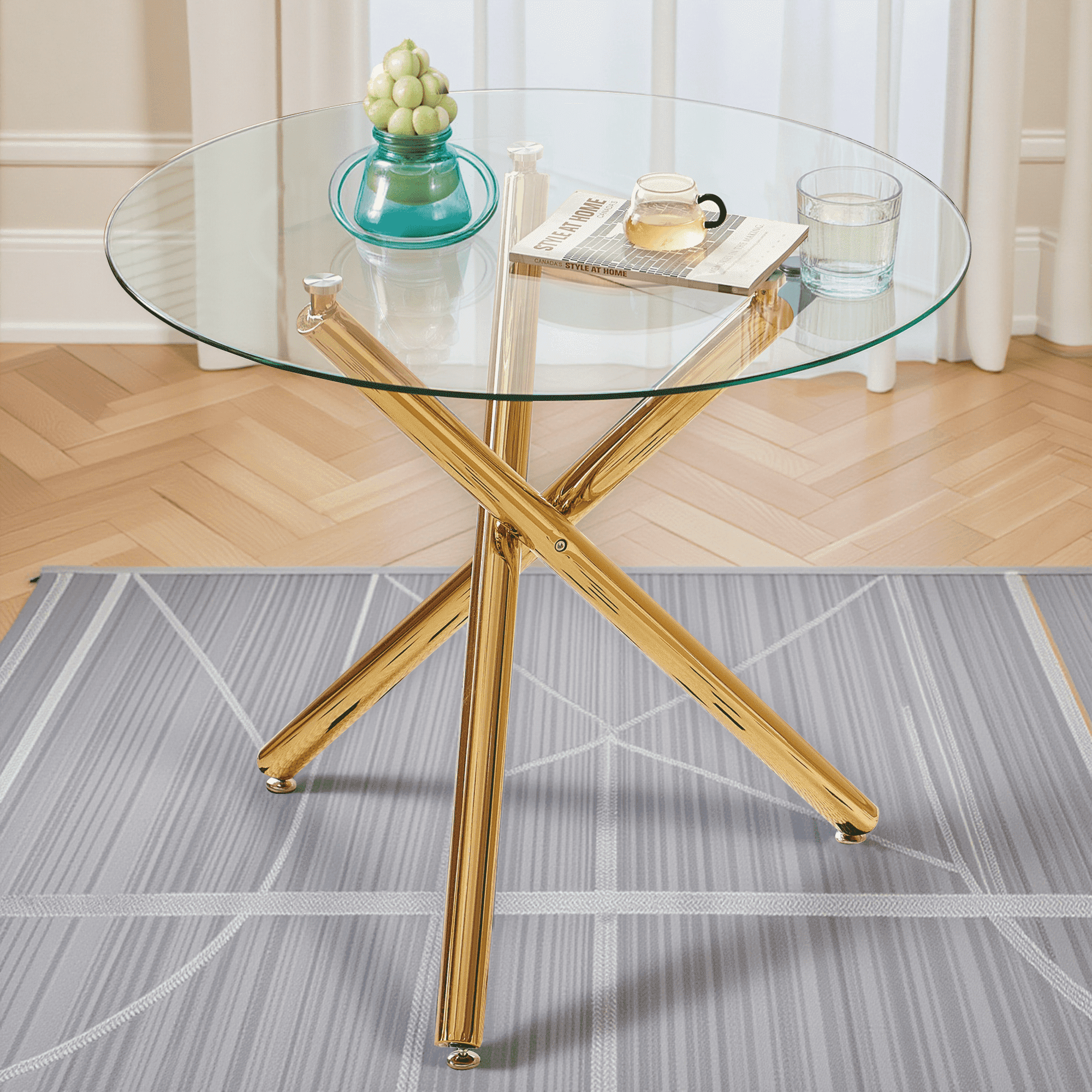 MAYEERTY Modern Golden Dining Table - Cross Legs, Glass Top, Elegant for Dining Room