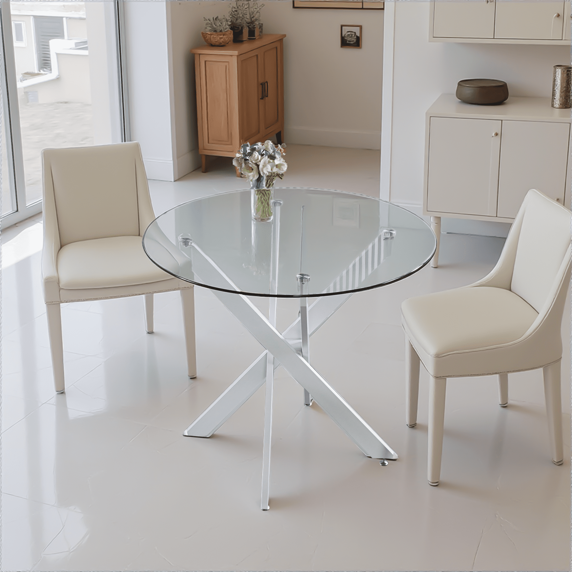 MAYEERTY Modern Golden Dining Table Cross Legs Glass Top Luxurious Living Room