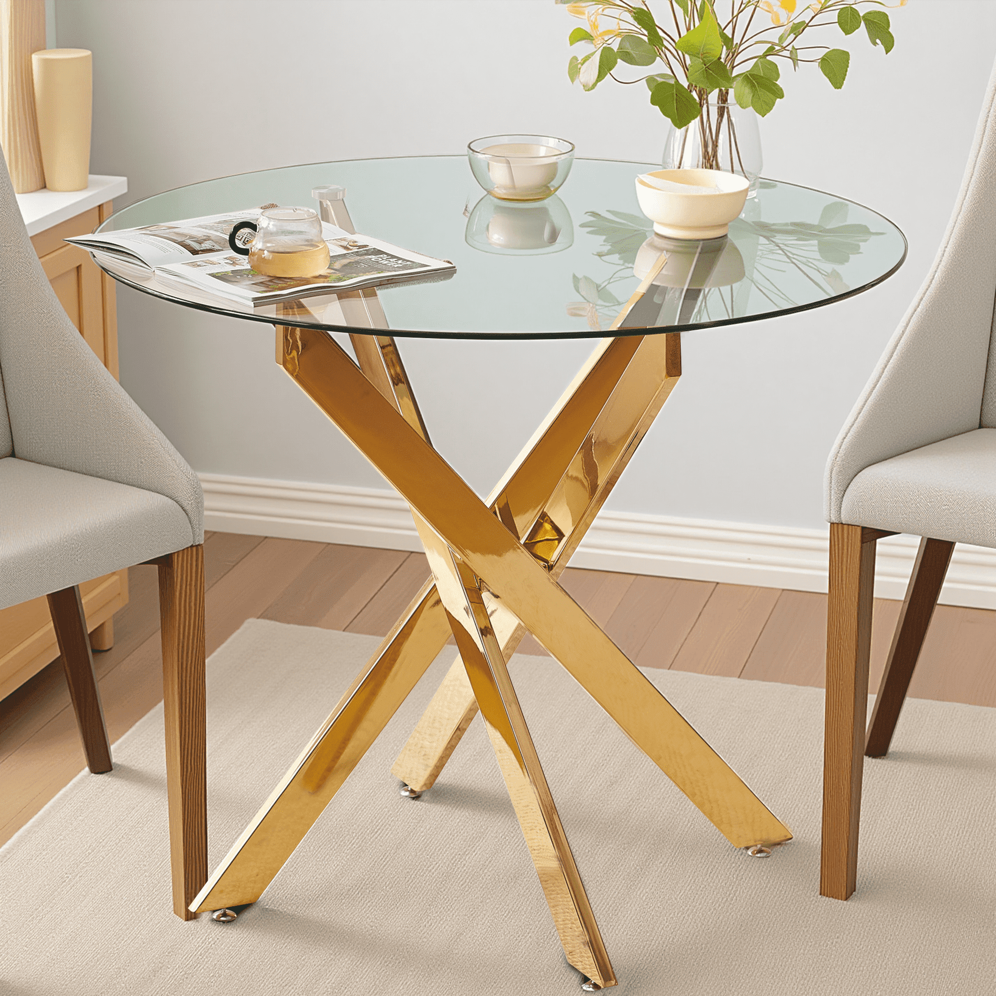 MAYEERTY Modern Golden Dining Table Cross Legs Glass Top Luxurious Living Room