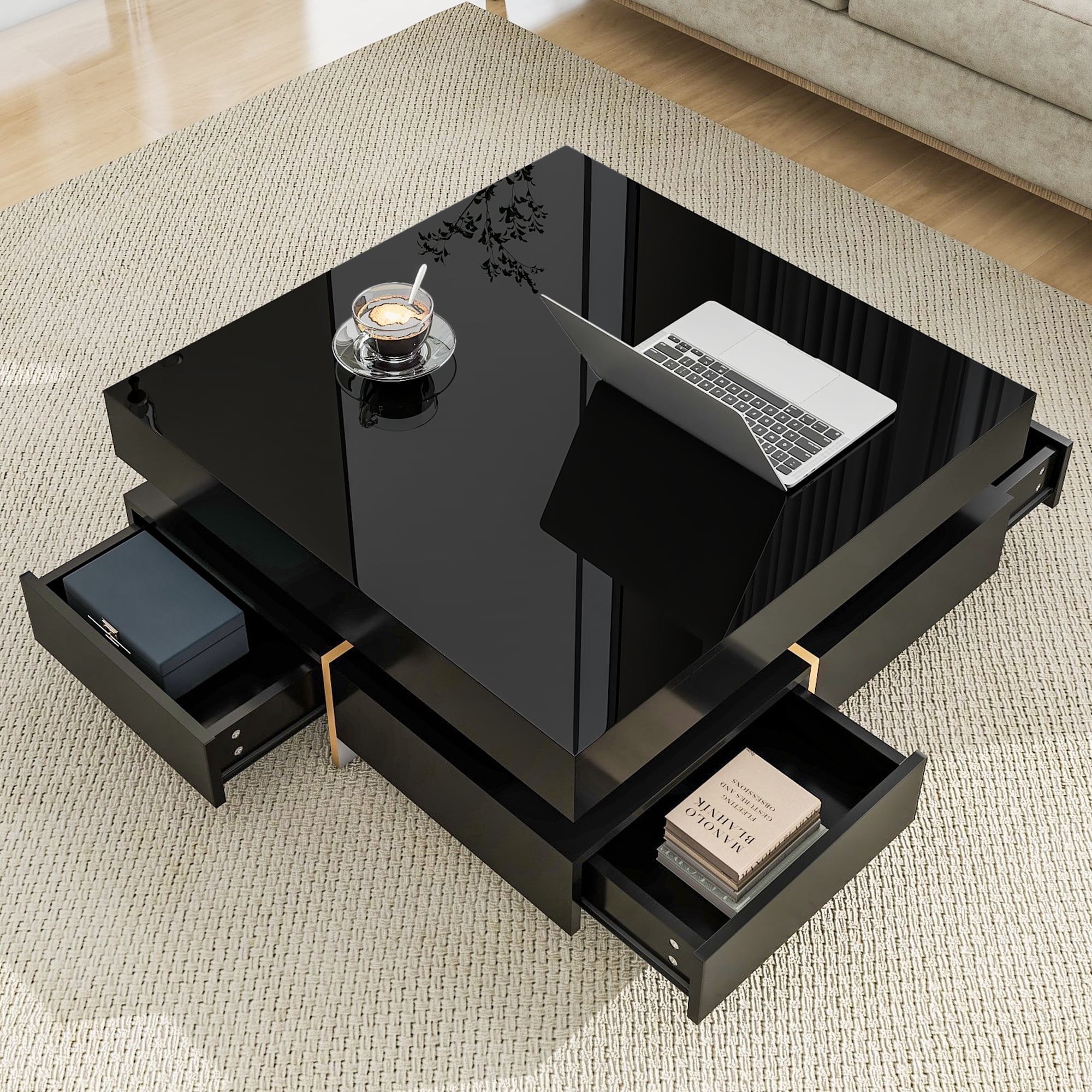 MAYEERTY Modern High Gloss Coffee Table with 4 Drawers, Multi-Storage Square Cocktail Tea Table with Wood Grain Legs, Center Table for Living Room, 31.5''x31.5'', Black