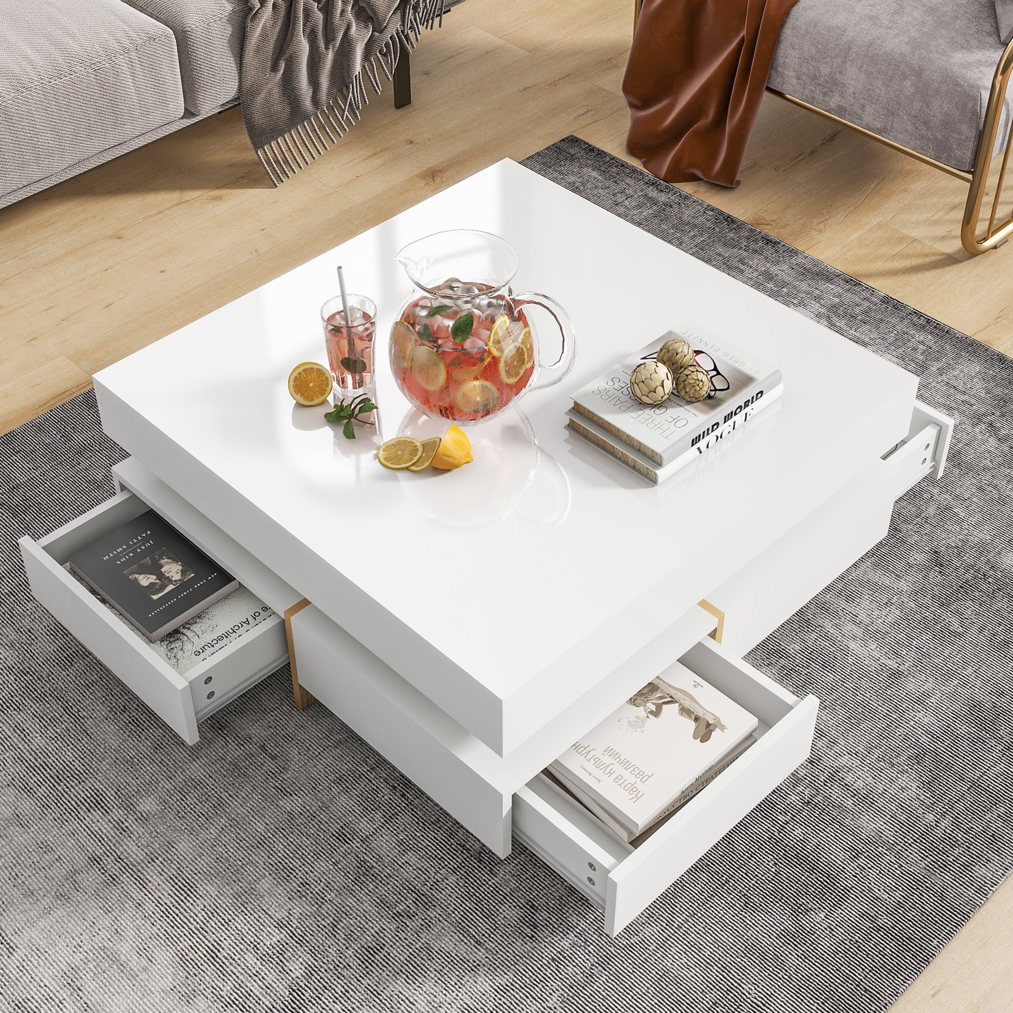 MAYEERTY Modern High Gloss Coffee Table with 4 Drawers, Multi-Storage Square Cocktail Tea Table with Wood Grain Legs, Center Table for Living Room, 31.5''x31.5'', White