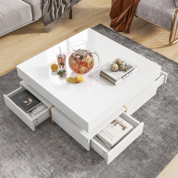 MAYEERTY Modern High Gloss Coffee Table with 4 Drawers, Multi-Storage Square Cocktail Tea Table with Wood Grain Legs, Center Table for Living Room, 31.5''x31.5'', White