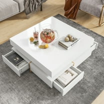 Dovelina Modern High Gloss Coffee Table with 4 Drawers, Multi-Storage Square Cocktail Tea Table with Wood Grain Legs, Center Table for Living Room, 31.5''x31.5'', White