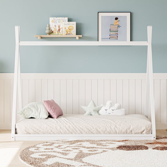 MAYEERTY Twin Wood Tent Bed Montessori Low-Floor for Kids' Bedroom White