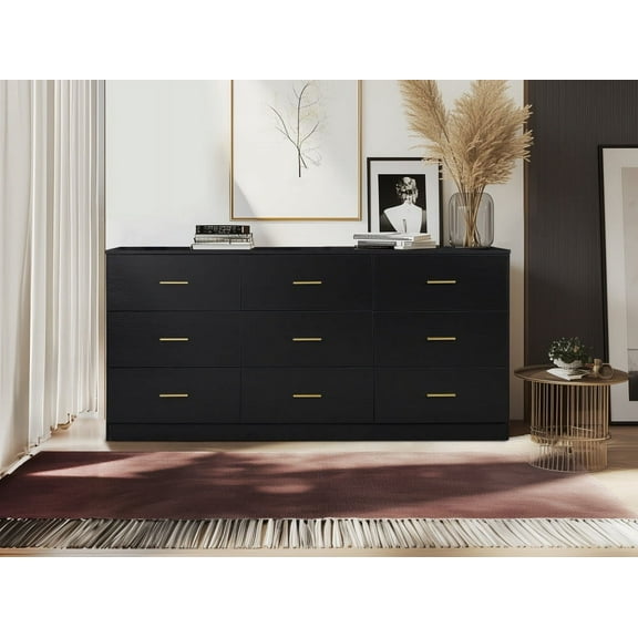 Dovelina Modern Natural 9-Drawer Dresser for Bedroom, Wide Chest of Drawers, Black