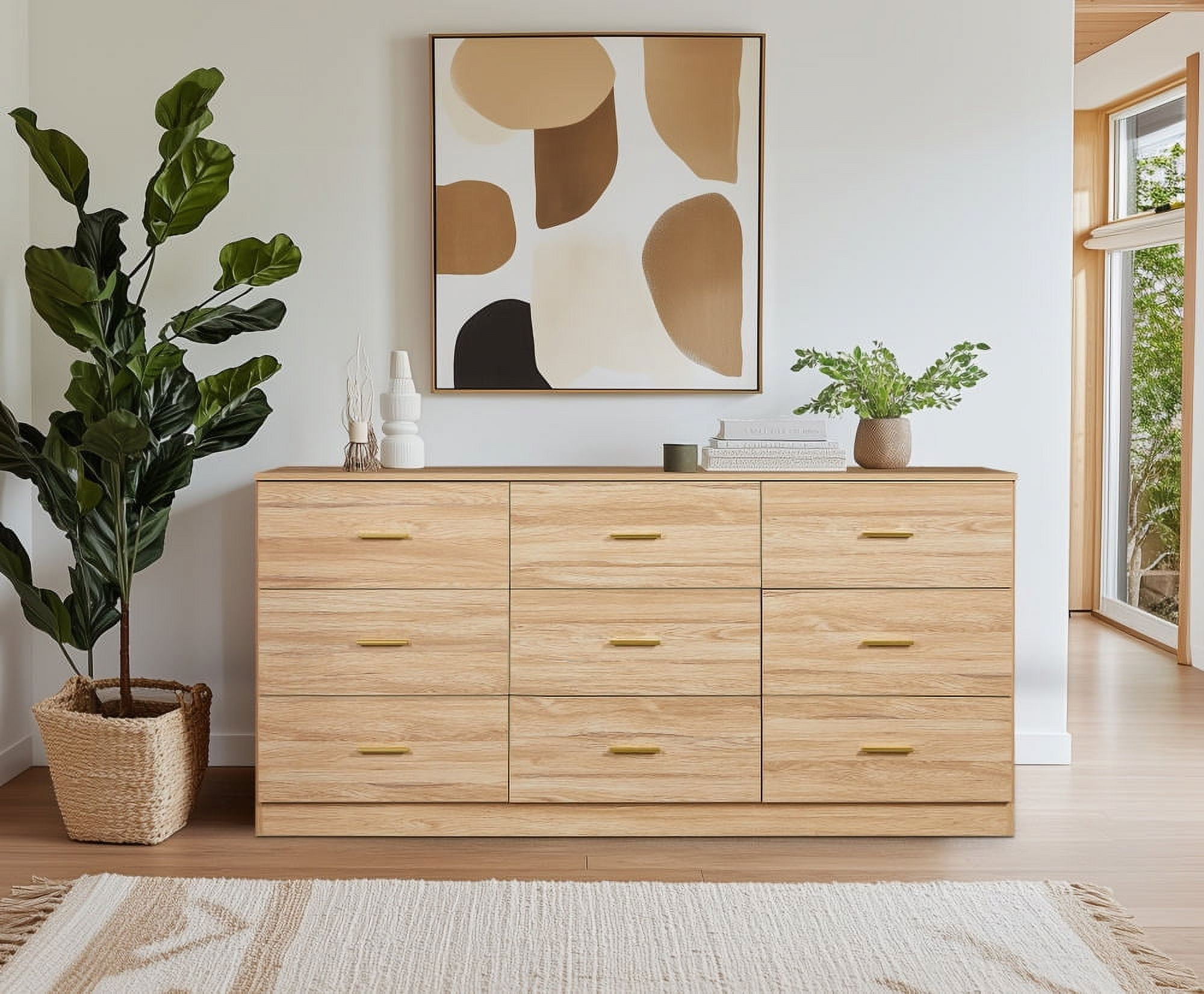 MAYEERTY Modern Natural 9-Drawer Dresser for Bedroom, Wide Chest of Drawers, Brown