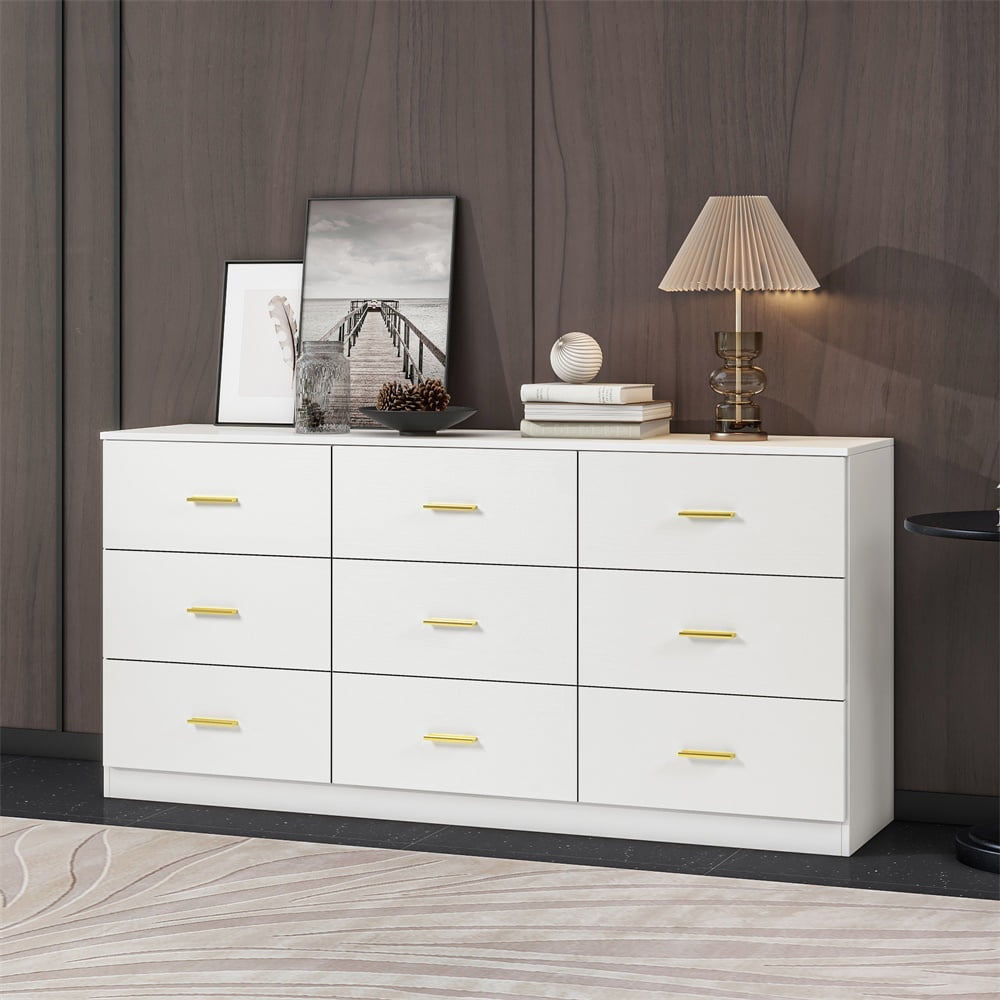 MAYEERTY Modern Natural 9-Drawer Dresser for Bedroom, Wide Chest of Drawers, White