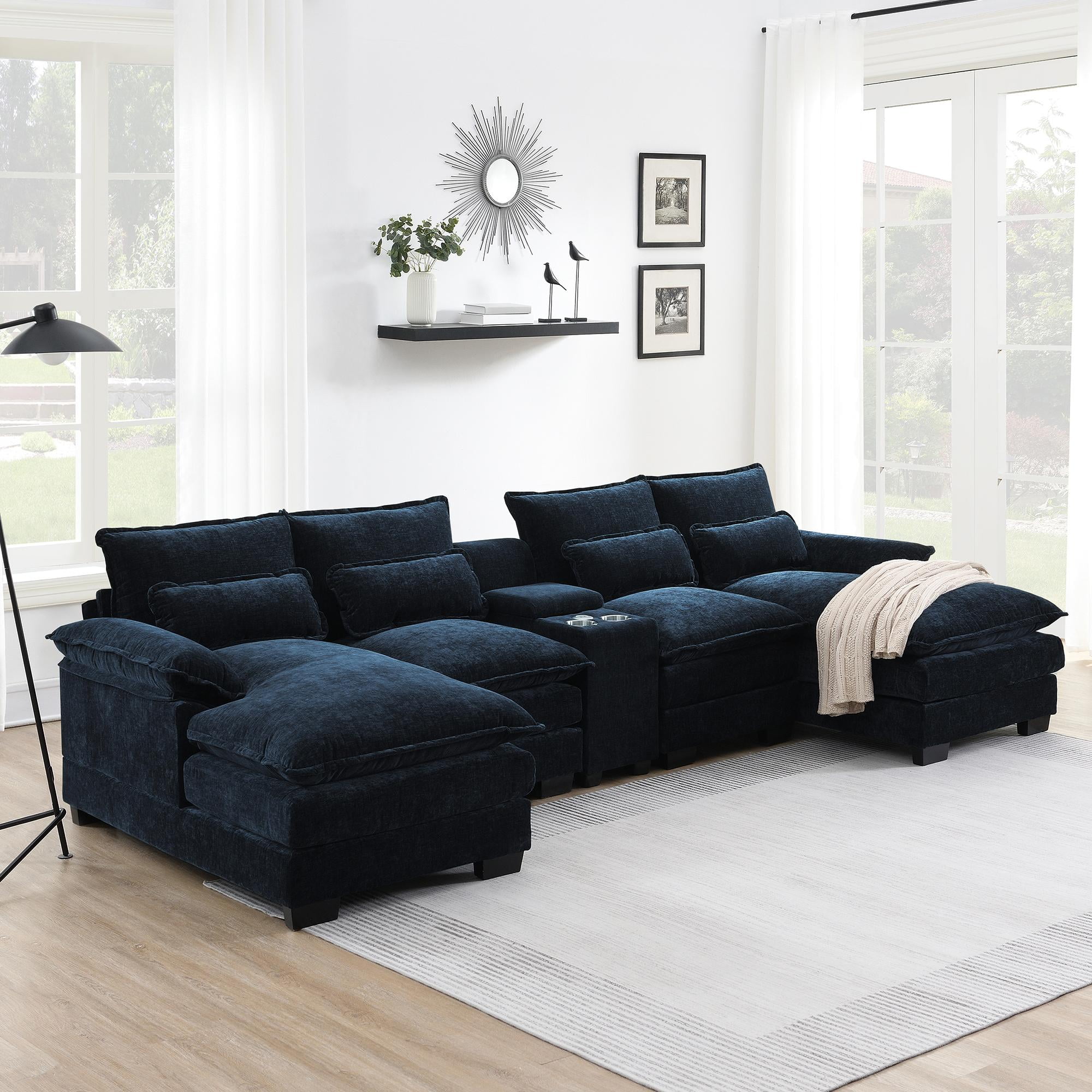 MAYEERTY 123x55" Modern U-Shaped Sectional Sofa - 6-Seat Symmetrical Chenille Couch with Console/Cup Holders/USB/Chaise, 5 Colors