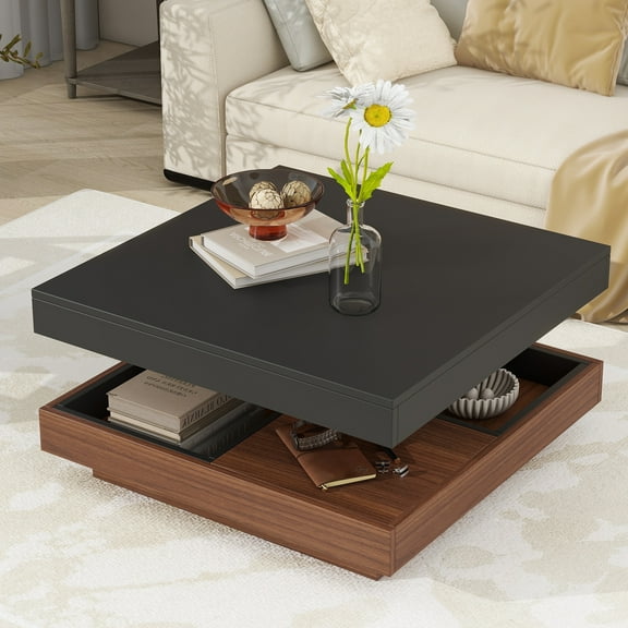 Dovelina Modern Square 360° Rotating Coffee Table with Three Detachable Trays, 2-Tier Farmhouse Wood Center Table with Storage for Living Room, Black, 27.5*27.5in