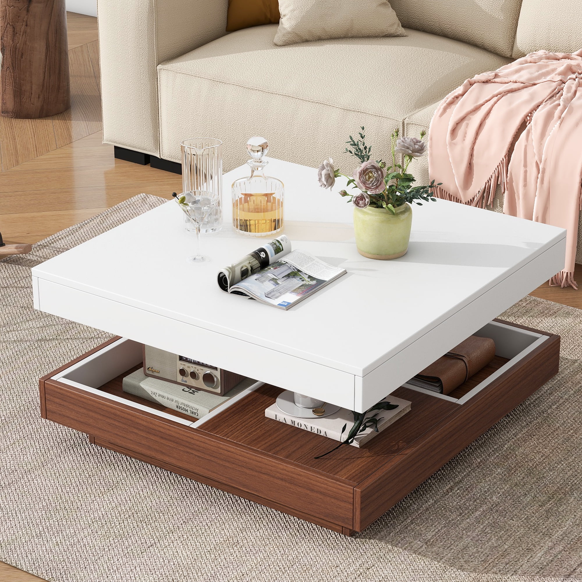 MAYEERTY Modern Square 360° Rotating Coffee Table with Three Detachable Trays, 2-Tier Farmhouse Wood Center Table with Storage for Living Room, White, 27.5*27.5in