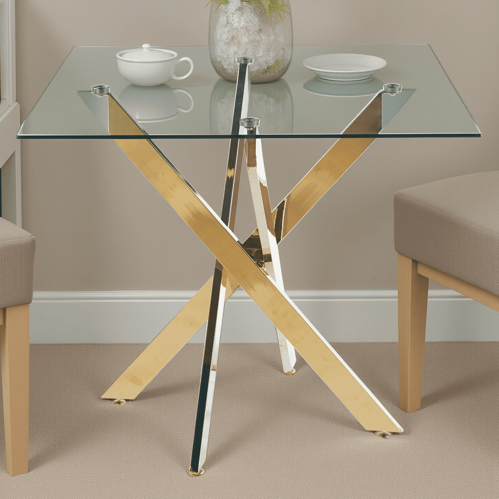 MAYEERTY Modern Square Dining Table - Cross Legs, Tempered Glass Top, Compact for Family Meals