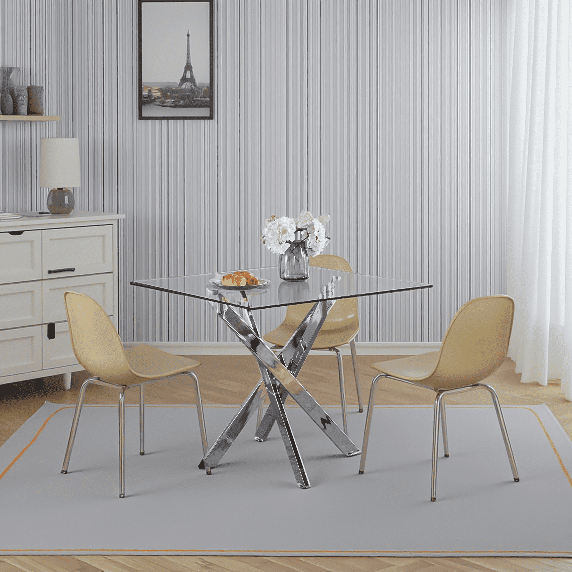 MAYEERTY Modern Square Dining Table Cross Legs Tempered Glass Top Space-Saving Living Room
