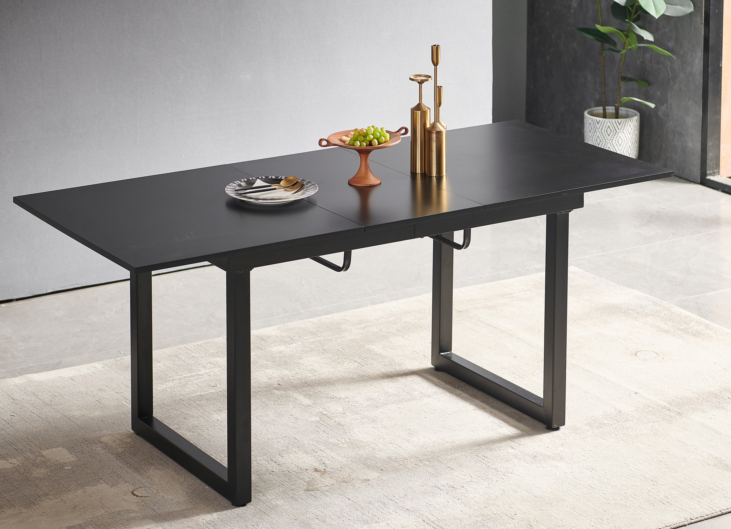 MAYEERTY Modern Square Extendable Dining Table - Black Metal Legs