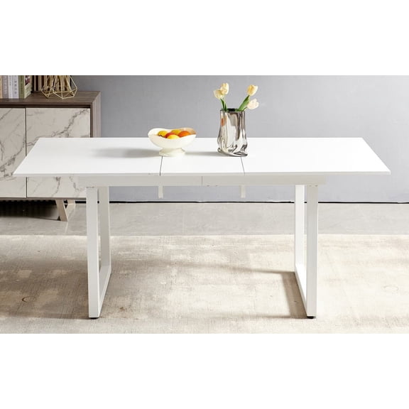 MAYEERTY Modern Square Extendable Dining Table Metal Leg White