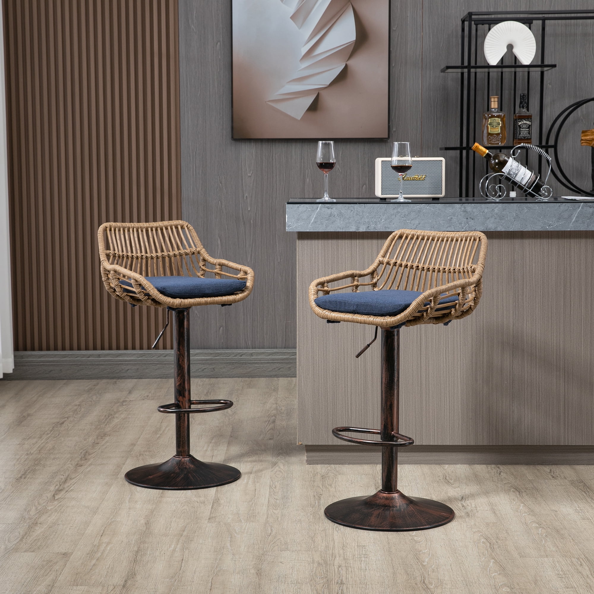 MAYEERTY Modern Swivel Bar Stools Set of 2 Adjustable Counter Height Chairs with Footrest for Kitchen, Dining Room (Blue)