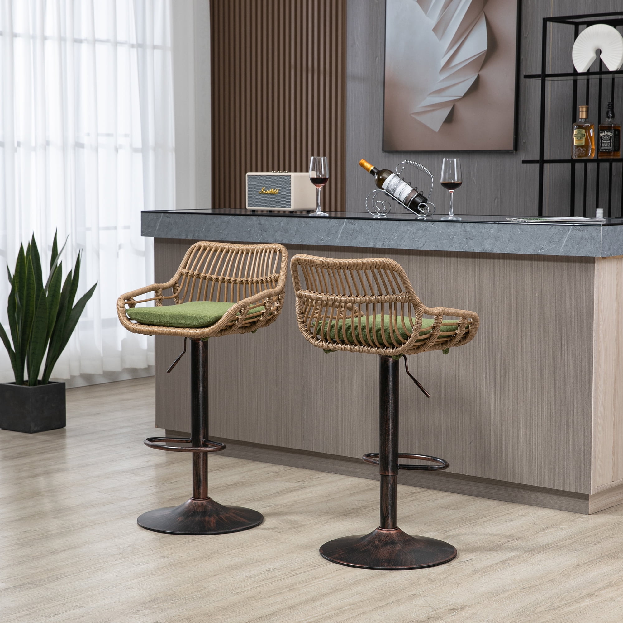 MAYEERTY Modern Swivel Bar Stools Set of 2 Adjustable Counter Height Chairs with Footrest for Kitchen, Dining Room (Green)
