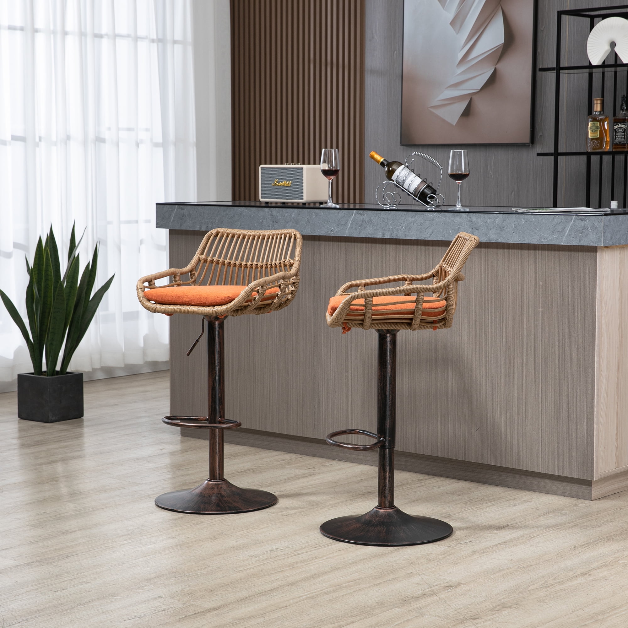 MAYEERTY Modern Swivel Bar Stools Set of 2 Adjustable Counter Height Chairs with Footrest for Kitchen, Dining Room (Orange)