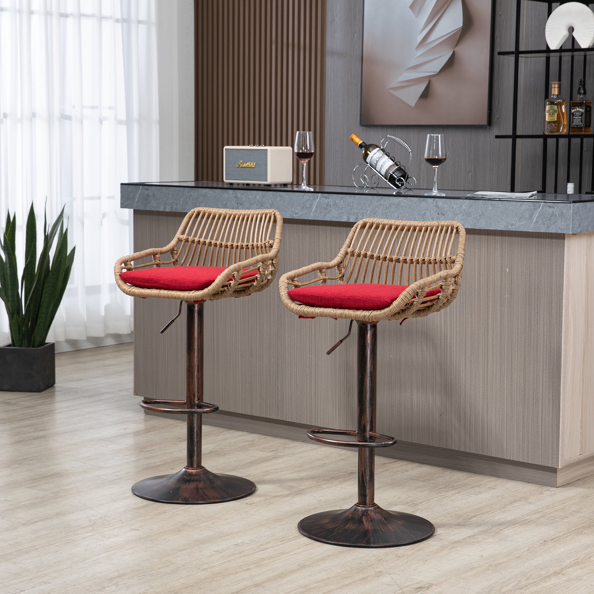 MAYEERTY Modern Swivel Bar Stools Set of 2 Adjustable Counter Height Chairs with Footrest for Kitchen, Dining Room (Red)